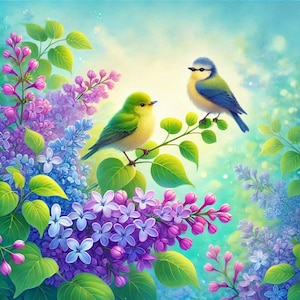 PDF mezen en seringen, kleine vogels, geteld kruissteekpatroon, violette bloemen digitale kruissteekkaart pdf, tak lentebloemen