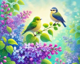 May include: Two birds perched on a branch of a lilac bush. The bird on the left is green and yellow, while the bird on the right is blue. The lilac bush has purple and blue flowers.