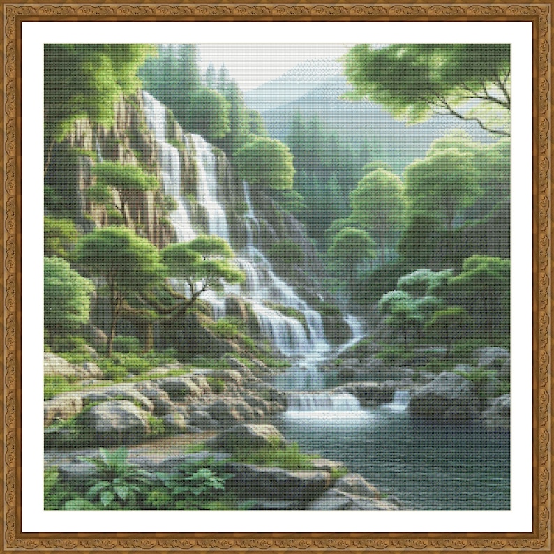 May include: A lush green forest scene with a cascading waterfall flowing over rocks. The water is clear and blue, and the surrounding foliage is vibrant and verdant.