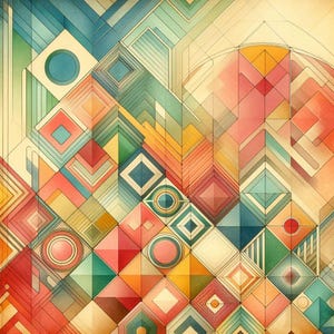 May include: Abstract geometric art print featuring a colorful design. The artwork showcases a variety of shapes, including squares, diamonds, and circles, in a palette of red, blue, green, and yellow. The design has a vintage, watercolor-like texture.