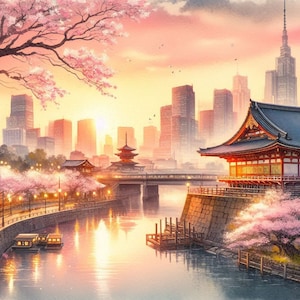 PDF Tokyo, Japan, Sakura Blossom, Counted Cross Stitch Pattern, City Landscape Instant Download Digital format