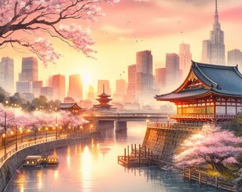 PDF Tokyo, Japan, Sakura Blossom, Counted Cross Stitch Pattern, City Landscape Instant Download Digital format