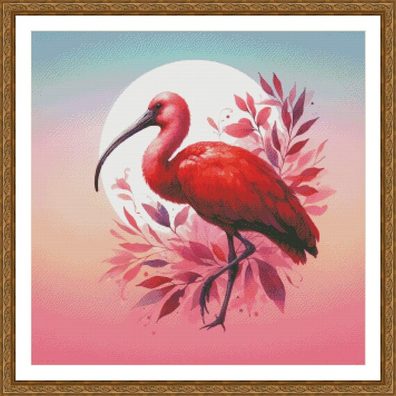 PDF Scarlet Ibis Cross Stitch Pattern, Tropical Bird, Exotic