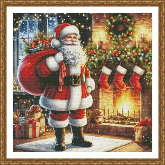 BANDAI SANTACLATCH クリスマスデザイン PDF Santa Claus Christmas Evening Fireplace Cross Stitch Pattern