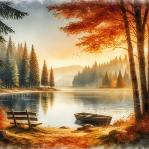 May include: A watercolor painting of a serene lake scene with a wooden bench and a small boat on the water. The lake is surrounded by trees, some of which have autumn foliage in shades of orange and red. The sky is a soft blue with a hint of pink.
