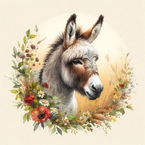 以下が含まれることがあります： 水彩画のロバの頭のイラスト。花と葉で囲まれています。ロバは白とグレーの毛並みで、茶色のアクセントがあります。リースには赤いバラ、デイジー、その他の野花が含まれており、柔らかな黄色の背景が特徴です。