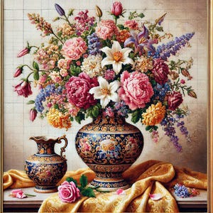 May include: A bouquet of colourful flowers in a blue and gold patterned vase. The vase is sitting on a gold tablecloth with a single pink rose in front of it.