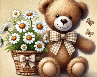 PDF Teddy Bear, Camomiles Flowers, Counted Cross Stitch Pattern, Kids Room Decor, Cozy Room, Children Toys, Digital Chart, Instant Download