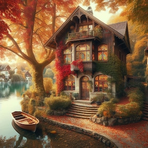 PDF Autumn Lake House Counted Cross Stitch Pattern, Fall Landscape Instant Download Digital Format