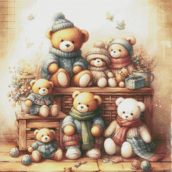 PDF Teddy Bears Family, Counted Cross Stitch Pattern, Kids Room