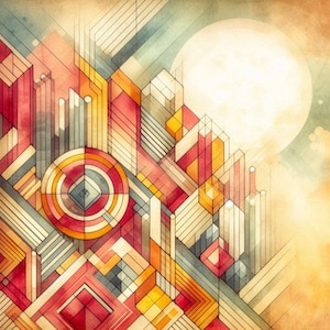 May include: Abstract geometric art print featuring a vibrant composition of red, orange, yellow, and gray shapes. A large, bright circle is in the background, with a soft, textured appearance. The artwork has a vintage, watercolor style.