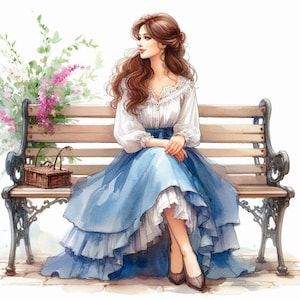 May include: A woman with long brown hair sits on a wooden bench with a wicker basket beside her. She is wearing a white blouse with lace detailing and a blue skirt with ruffles. The woman is looking off to the side, and her expression is thoughtful.