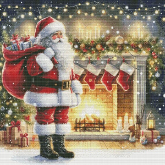 PDF サンタクロース クリスマス イブニング 暖炉 クロスステッチ
