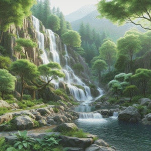 May include: A lush green forest scene with a cascading waterfall flowing over rocks into a clear blue pool. Sunlight filters through the trees, creating a peaceful and serene atmosphere.