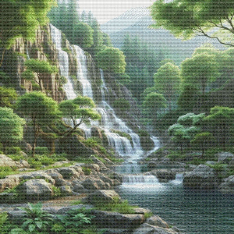 May include: A lush green forest scene with a cascading waterfall flowing over rocks into a clear blue pool. Sunlight filters through the trees, creating a peaceful and serene atmosphere.