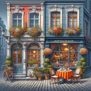 Può includere: Un pittoresco ristorante in stile parigino con una facciata rossa e blu. Il ristorante ha una grande finestra con un cartello che recita "RESTAURANT". C'è un tavolo con una tovaglia arancione e due sedie disposte per un pasto all'esterno del ristorante.