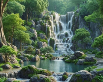 PDF Forest Waterfall Stitch Pattern, Rainforest Landscape, Forest Woodland, Nature Counted Cross Stitch, Instant Download Digital format