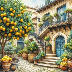 PDF Mediterranean Courtyard, Counted Cross Stitch Pattern, Garden Flowers, Lemon Tree, Summer Landscape, Instant Download, Old Town Street