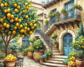 Patio mediterráneo en PDF, patrón de punto de cruz contado, flores de jardín, limonero, paisaje de verano, descarga instantánea, calle del casco antiguo