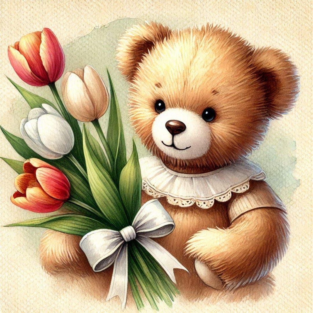 PDF Teddy Bear, Tulips Flowers, Counted Cross Stitch Pattern, Kids