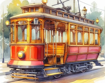 May include: A vintage-style red and yellow streetcar with wooden benches and large windows. The streetcar has a number "016" on the side.