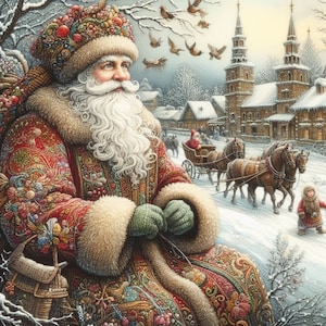 May include: A traditional Santa Claus figure wearing a red and gold embroidered robe with a white fur trim. He has a long white beard and is holding his hands together. He is standing in front of a snowy village scene with a horse-drawn carriage.