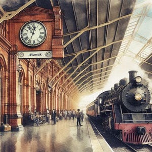Könnte beinhalten: Eine alte Dampflokomotive fährt in einen Bahnhof aus Ziegeln mit einer großen Uhr an der Seite des Gebäudes ein. Der Bahnhof hat eine hohe gewölbte Decke mit einem Metallgerüst. Das Schild über der Uhr lautet "stanok".