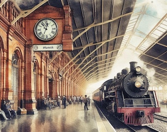 May include: A vintage steam locomotive pulls into a brick train station with a large clock on the side of the building. The station has a high vaulted ceiling with a metal framework. The sign above the clock reads "stanok".