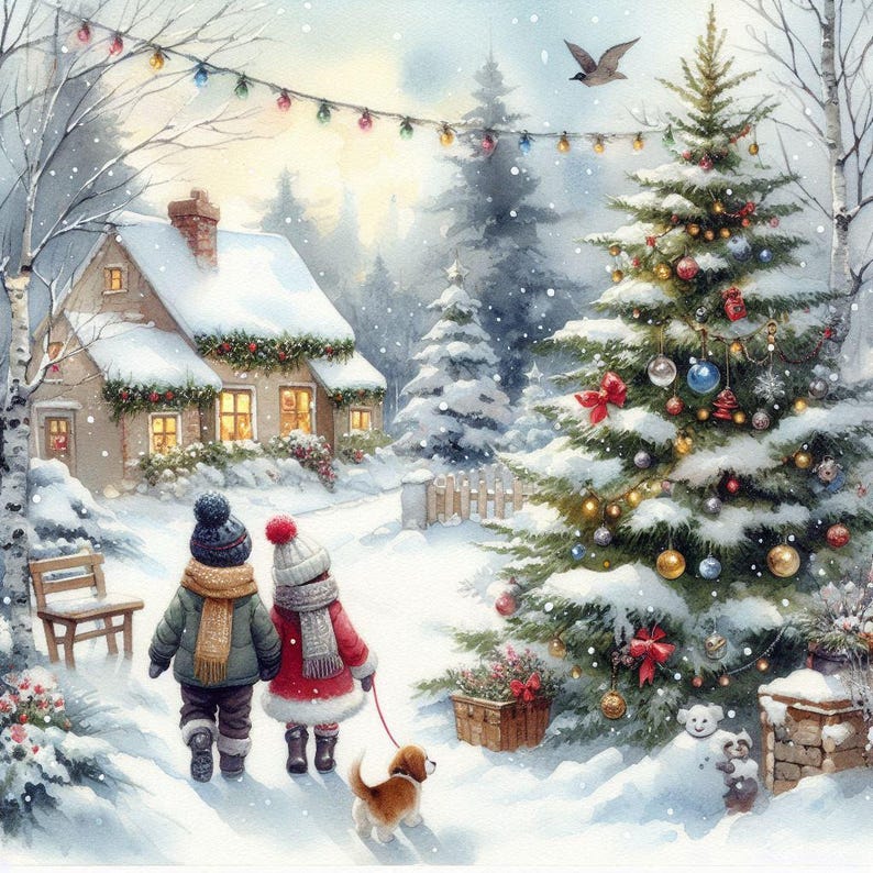 Peut inclure: Une scène d'hiver enneigée avec un chalet blanc, un sapin de Noël décoré et deux enfants marchant avec un chien. Le sapin est décoré de boules, de lumières et d'un nœud rouge. Les enfants portent des vêtements d'hiver et le chien est un chiot brun et blanc.