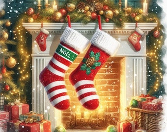 May include: Two red and white striped Christmas stockings hang from a fireplace mantel. One stocking has the word "NOEL" written on it in green letters. The stockings are decorated with green and white holly and berries.