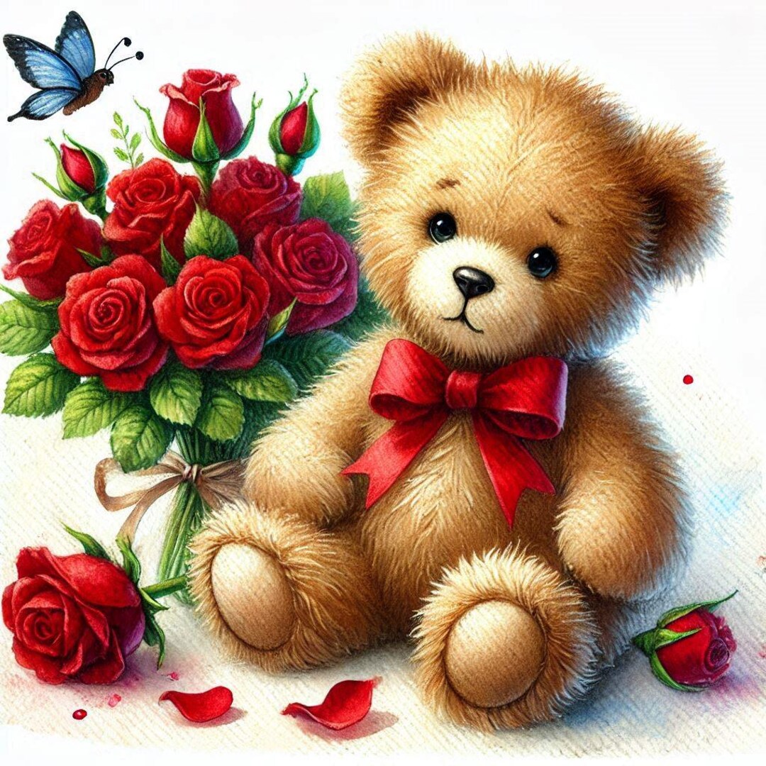 NEW✳︎teddy bear〜flowerポニーフック　red PDF Teddy Bear, Red Roses Flowers, Counted Cross Stitch Pattern