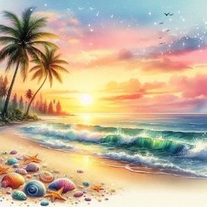 PDF Sunrise, Beach waves, Palms, Counted Cross Stitch Pattern, Seascape, Digital Cross Stitch Chart, Seascape PDF, Cross Stitch Pattern