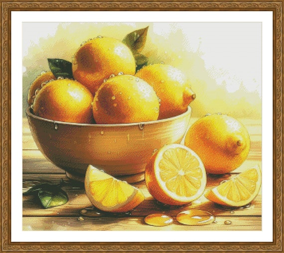 PDF レモン クロスステッチ パターン、静物画、即時ダウンロード