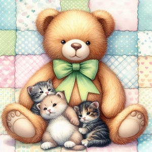 PDF Teddy Bear, Kittens, Counted Cross Stitch Pattern, Kids Room Decor, Cozy Room, Children Toys, Digital Chart, Instant Download PDF