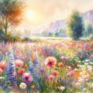 May include: A watercolour painting depicting a meadow filled with wildflowers. The flowers are in shades of pink, purple, and white. The sun shines brightly in the background, with trees and mountains in the distance.