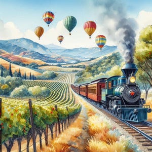 PDF Nappa Valley Train, Kreuzstichvorlage Bunte Luftballons, Sommer Landschaft, Berg, Fluss