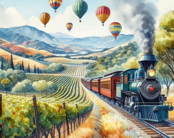 May include: A vintage steam train travels through a lush green valley with vineyards on either side.  The train is pulling a string of passenger cars.  Five colorful hot air balloons float in the blue sky above the valley.