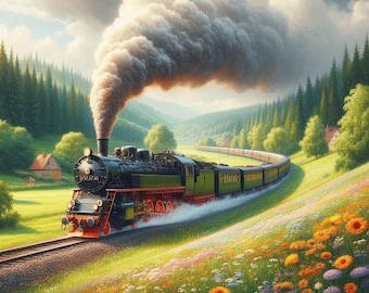 May include: A vintage steam locomotive train chugs through a lush green valley, billowing smoke as it travels along a winding track. The train is surrounded by vibrant wildflowers in shades of pink, yellow, and purple.