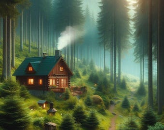 PDF Mountain Forest Cottage Counted Cross Stitch Pattern, Village Cottage Summer Landscape, Mountains Forest Instant Download Digital chart