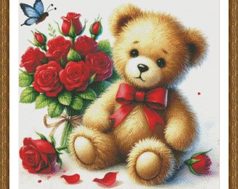 PDF テディベア、赤いバラの花、クロスステッチのパターン、子供部屋の