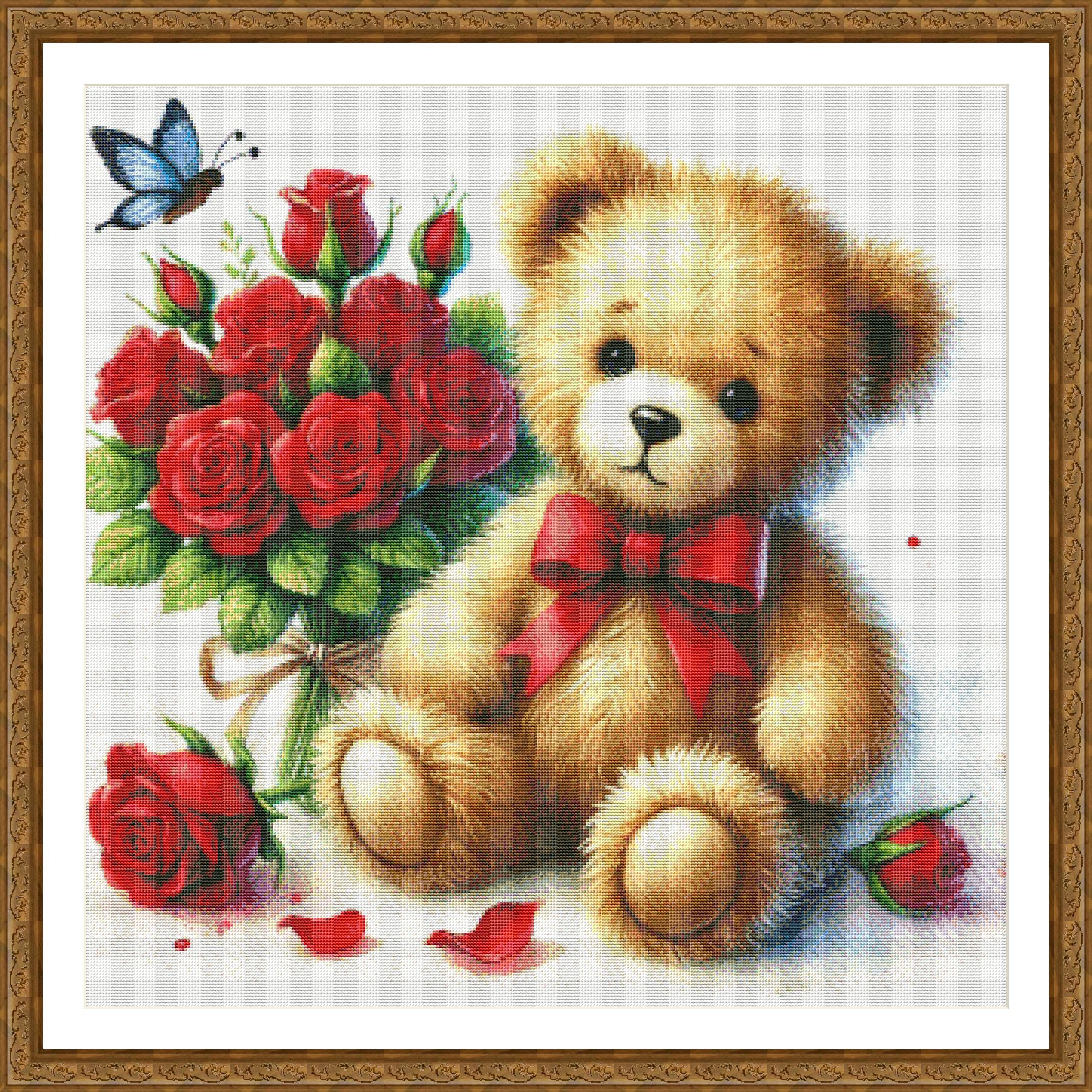 PDF テディベア、赤いバラの花、クロスステッチのパターン、子供部屋の