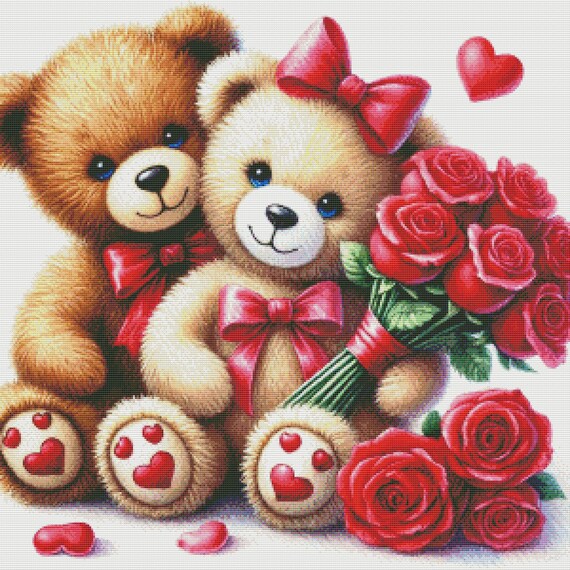 PDF Teddy Bears, Red Roses Flowers, Counted Cross Stitch Pattern