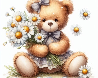 PDF Teddy Bear, Camomile Flowers, Counted Cross Stitch Pattern, Kids Room Decor, Cozy Room, Children Toys, Digital Chart, Instant Download