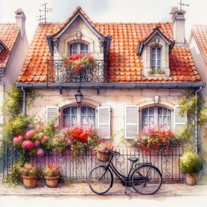 May include: A charming, white, two-story house with a red tile roof, surrounded by lush greenery and flowers. A black bicycle with a basket is parked in front of the house.