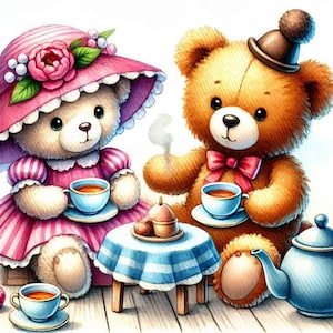 Puede incluir: Ilustración en acuarela de dos osos de peluche tomando el té. Uno lleva un sombrero y un vestido rosa, el otro un sombrero marrón y una pajarita. Una pequeña mesa con un mantel a cuadros azul y blanco contiene una tetera y dulces.