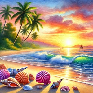 PDF Sunrise, Beach waves, Palms, Counted Cross Stitch Pattern, Seascape, Digital Cross Stitch Chart, Seascape PDF, Cross Stitch Pattern