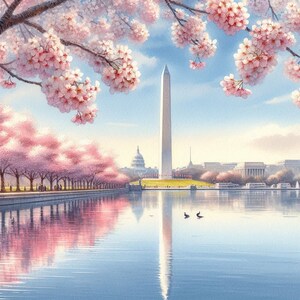 May include: A watercolor painting of the Washington Monument in Washington, D.C. with cherry blossoms in the foreground and a reflection of the monument in the water.