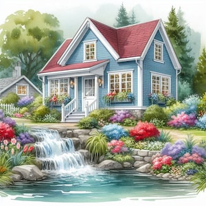 PDF Waterfall House geteld kruissteekpatroon, stadslandschap direct downloaden Digitaal formaat