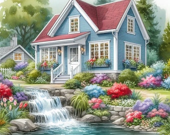 PDF Waterfall House Counted Cross Stitch Pattern, City Landscape Instant Download Digital format