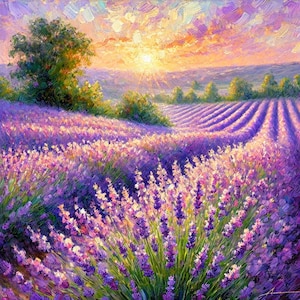 Może przedstawiać: Malowidło przedstawiające pole lawendy w pełnym rozkwicie. Kwiaty są w żywym fioletowym i różowym kolorze, a pole jest zanurzone w ciepłym świetle zachodzącego słońca. Niebo jest mieszanką pomarańczowego, różowego i niebieskiego, a w oddali widać puszyste białe chmury.